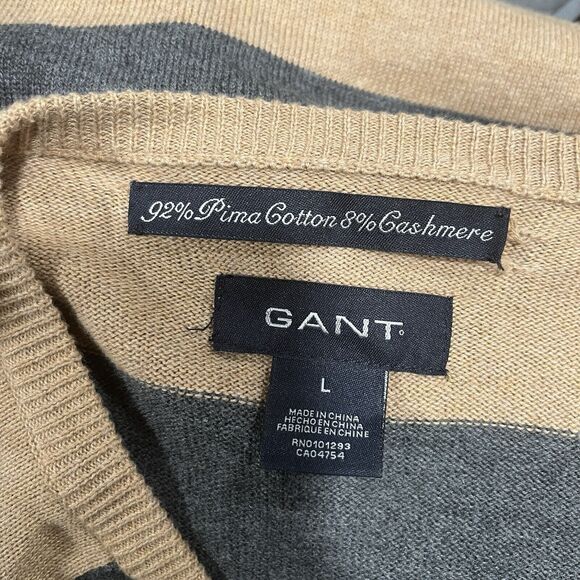 GANT Cotton Cashmere V-Neck Pullover Sweater Jumper Tan Gray Stripe Men's Large - Picture 5 of 7